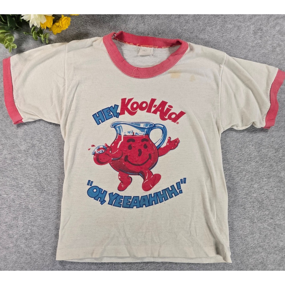 Vintage 70s Kool-Aid Ringer T-Shirt Kids Small White Hey Kool-Aid Graphic Tees